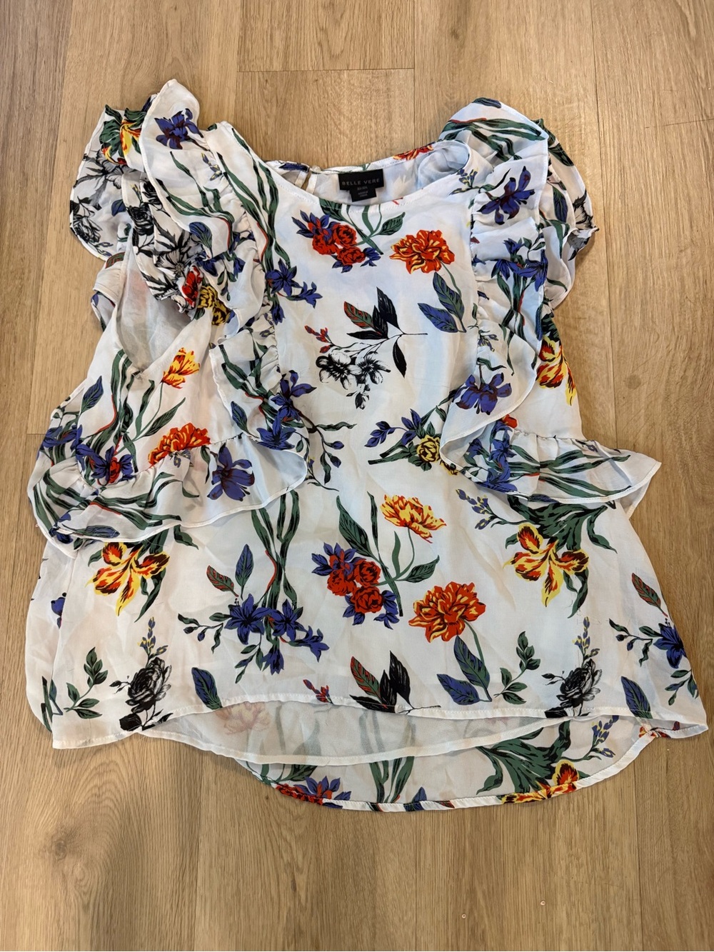 White Floral Ruffle blouse size adult M/L